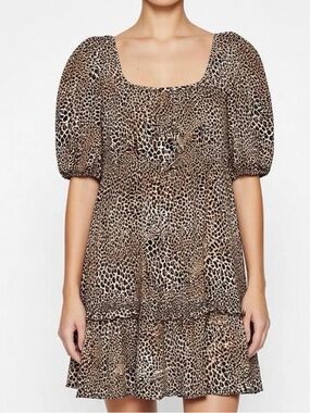 Lisa Says Gah NWT Leila Leopard Print Puff Sleeve Mini Dress Size L MSRP $178